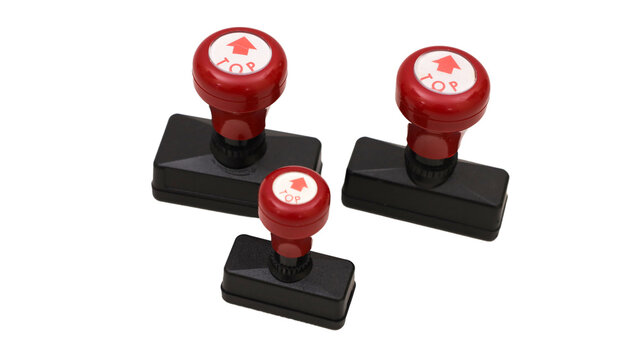 A variety of rectangular, self-inking flash stamps in red and black, featuring a "TOP" arrow on the upper side.