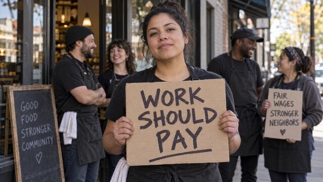 Worker rights awareness protest with employees advocating for fair wages and better conditions