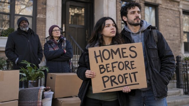 Housing affordability protest with community members advocating for accessible homes