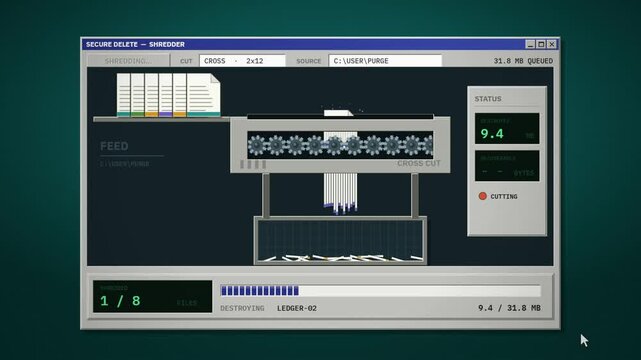 Secure file shredder software interface animation destroying documents into paper strips