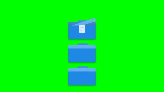 Animation of Digital Documents Moving into Blue Folders and File Completion Icon on Green Screen
