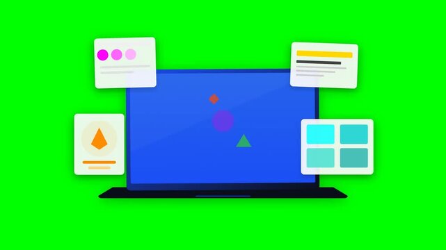 Modern Laptop with Floating UI Windows and User Interface Elements on Green Screen Chroma Key Background