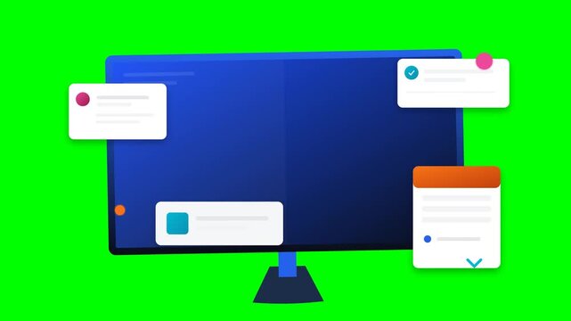 Modern computer monitor with floating UI notifications and task alerts on green screen background