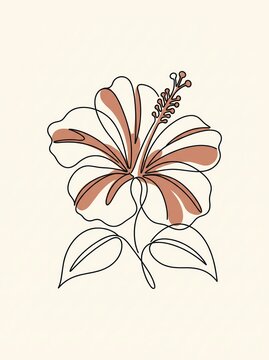 Hibiscus Flower Line Art with Minimalist Terracotta Brown Shading and Simple Leaves