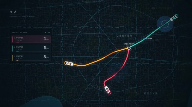 Live fleet dispatch map with three delivery vans racing to a drop point and ETA ranking