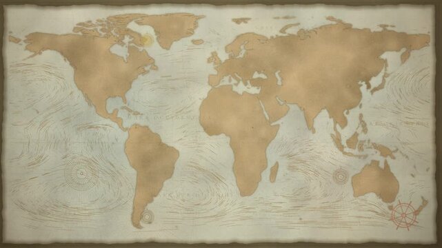 Antique parchment world map motion background with slow camera drift and seamless loop