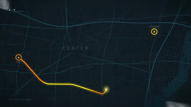 Glowing route line drawing across a dark city map with traffic congestion and a moving car