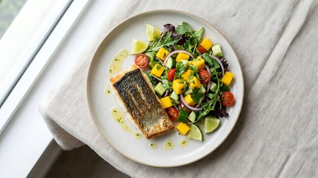 Grilled salmon fillet served with a fresh colorful mango salad on a round plate for a healthy mea. Australian Cuisine l