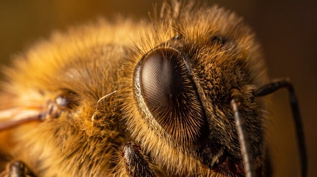 Extreme macro photography of honeybee compound eye and fuzzy golden hairs, detailed texture of insect head and antenna, biology and nature study concept.