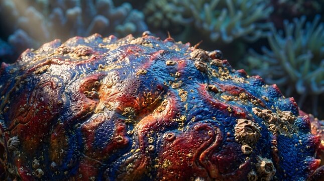 Extreme macro photography of king crab shell texture with barnacles, detailed colorful red and blue armor pattern, marine biology and ocean life concept.