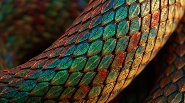 Macro photography of iridescent metallic snake scales, colorful rainbow shine on dragon or serpent skin texture, fantasy background and reptile concept.