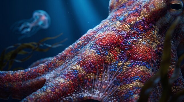 Macro photo of octopus skin chromatophores texture underwater, detailed colorful dotted skin pattern of octopus, marine biology and camouflage concept.