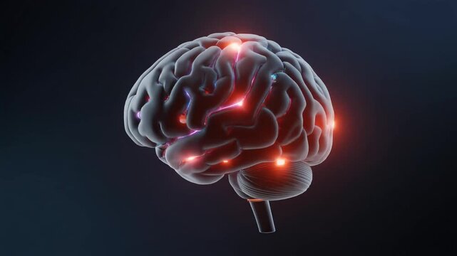 A glowing human brain structure radiates bright red energy pulses across neural pathways, symbolizing advanced medical research and cognitive function during a complex neurological study