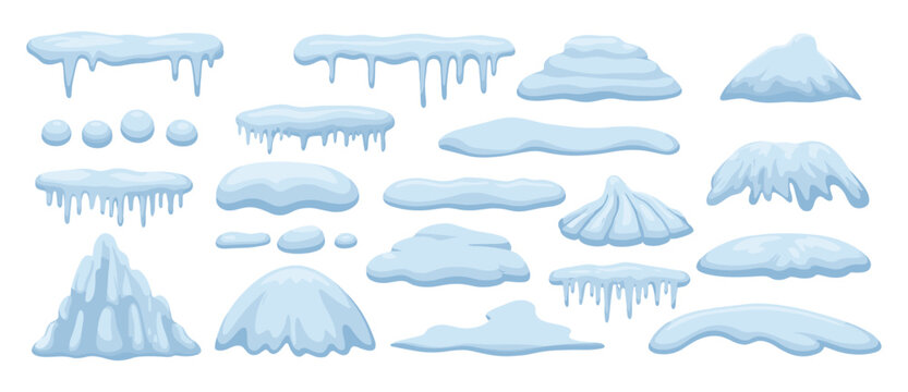 Collection of various snow caps and icicles isolated on white background for winter season graphic design elements