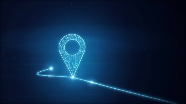 Glowing low poly map pin icons connecting with a light trail route on a dark blue background