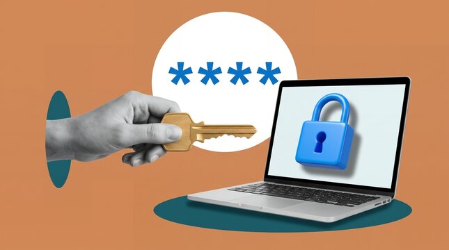 Hand holding golden key pointing toward laptop computer showing blue padlock icon and password asterisks symbol in circular shape composition security protection technology