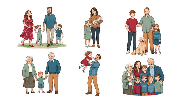 Happy diverse family members collection including pregnant mother grandparents parents children newborn baby pet dog and cat vector characters set.