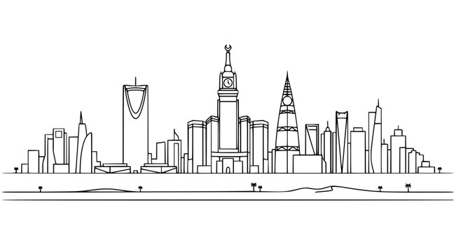 Riyadh Saudi Arabia Skyline with Kingdom Centre Al Faisaliah Modern Financial District Towers and Desert Horizon, Minimal Architectural Line Vector
