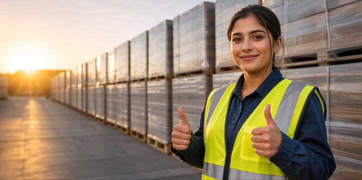 Happy female warehouse worker giving thumbs up at sunset. Young woman in safety vest standing by stacked pallets in logistics yard