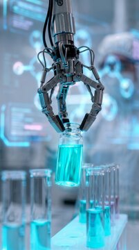 Close up of a robotic arm holding a glass vial with blue liquid in a futuristic laboratory, advanced automated pharmaceutical research and bioengineering technology