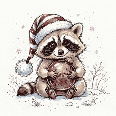 Fototapeta premium A cute raccoon cub wearing a striped winter hat holds a decorative holiday bauble in the falling snow with reflective holiday ornament