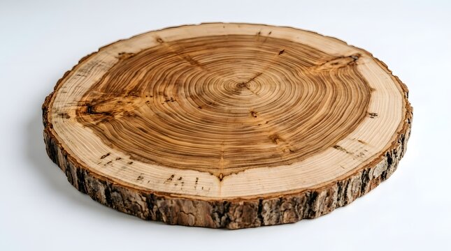 Circular cross section of a tree trunk with annual rings isolated on white background