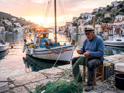 Greek fisherman mending net caique harbor Hydra sunrise authentic stock