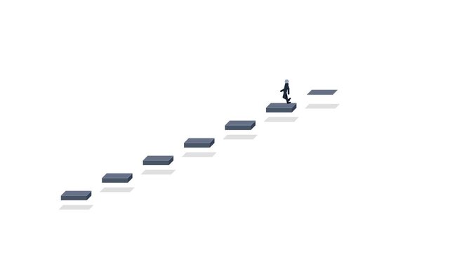 Premium microstock motivational animation. A professional runner climbs a progressively building path of floating steps, reaching a golden achievement platform.