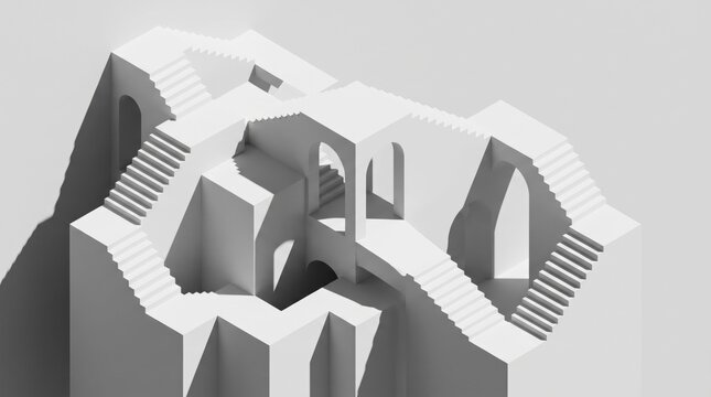 Abstract geometric structure with optical illusion stairs and arches.