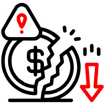 Financial crisis icon featuring a cracked dollar coin and red arrow