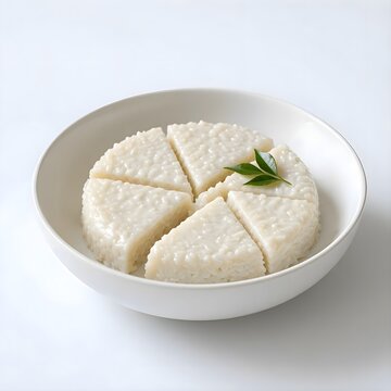 Traditional sliced white rice cake or coconut milk rice dessert shaped in triangles arranged on a white bowl garnished with green mint leaf