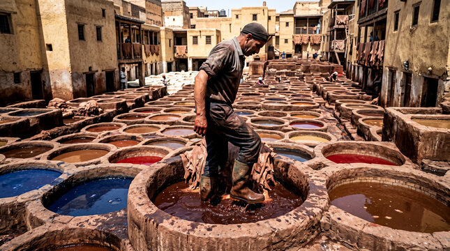Leather tannery Fez Morocco traditional dye vats tanner worker stock