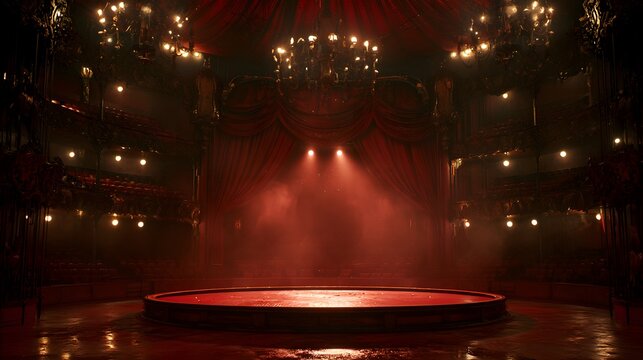 Dark vintage circus theater interior with glowing chandeliers, red curtains, and dramatic atmospheric lighting