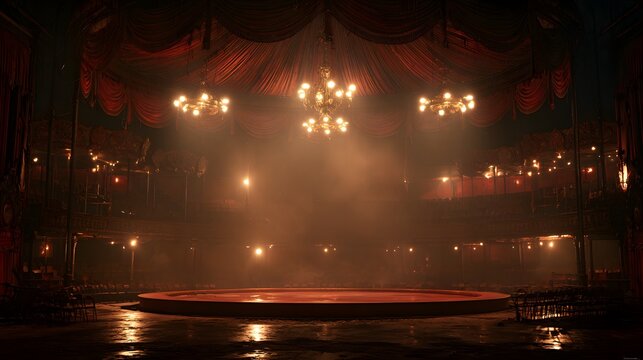 Dark vintage circus theater interior with glowing chandeliers, red curtains, and dramatic atmospheric lighting
