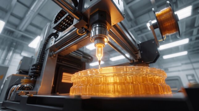 Close up view of a modern 3D printer extruding glowing orange filament to create a complex layered plastic model, advanced additive manufacturing and industrial prototyping technology