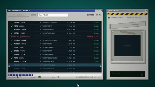 Antivirus security scan interface finding threats and moving infected files to quarantine