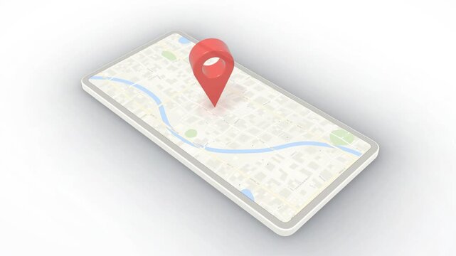 3D city map slab on a white background with a red location pin dropping and hovering