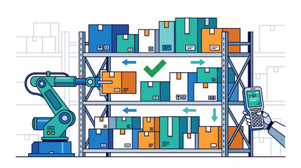 Obraz premium Automated Warehouse Logistics with Robotic Arm and Handheld Scanner for Inventory Management Vector Illustration