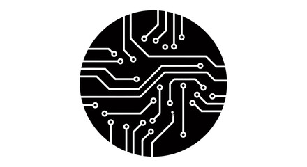Obraz premium Circular abstract circuit board pattern with white traces on black background.