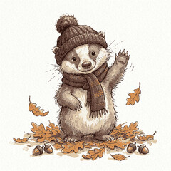 Fototapeta premium A cute baby badger wearing a knitted hat and scarf waving amidst falling autumn leaves with charming illustrated baby standing pile fallen