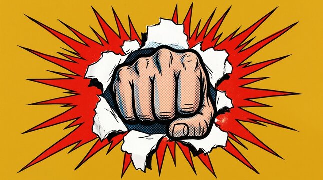 A clenched fist breaks through paper in a comic book style