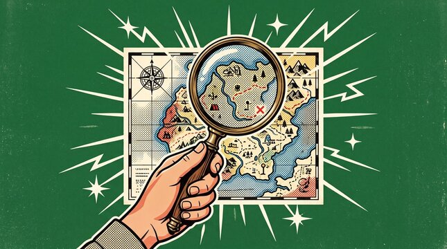 Hand holding a magnifying glass over a vintage treasure map illustration