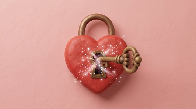 Heart shaped padlock unlocked with a vintage key on a pink surface
