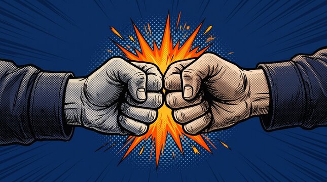 Two fists bumping in mid air a vintage comic book illustration