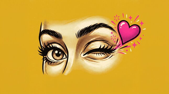Winking eye with heart illustration in a halftone pop art style