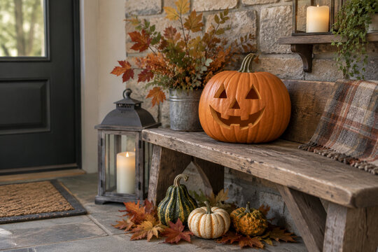 Entryway autumn vignette with carved pumpkin, wooden bench, leaves, gourds, flameless candle, earthy palette