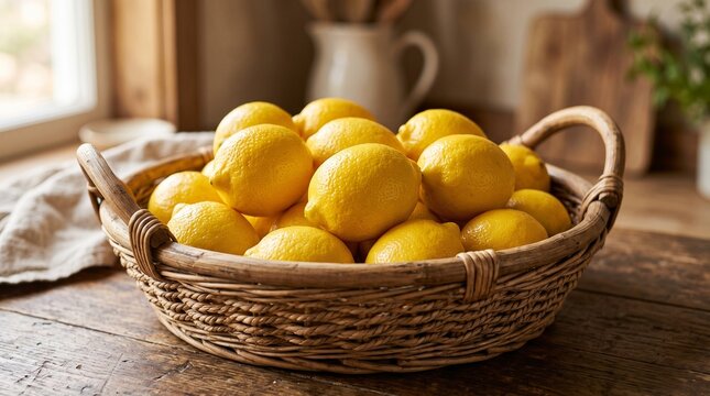 Woven basket brimming with lemons sits on a rustic wooden surface
