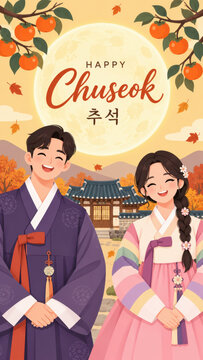 Tall happy chuseok card with hanbok couple, illustrated korean man plus woman beneath persimmon branches, harvest moon festival greeting