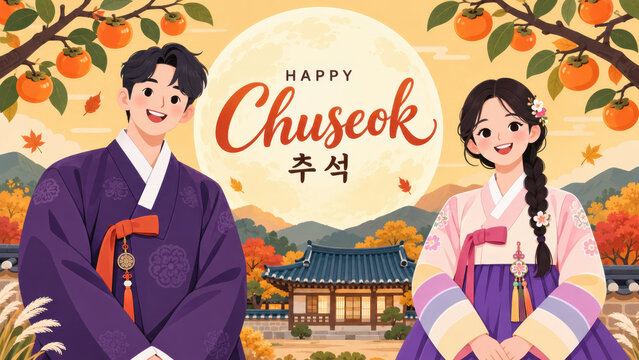 Happy chuseok greeting with illustrated korean couple, hanbok characters persimmons full moon plus hanok scenery