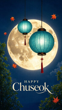 Happy chuseok lantern greeting beneath giant full moon, blue traditional lamps plus maple leaves against night sky, korean harvest festival poster
